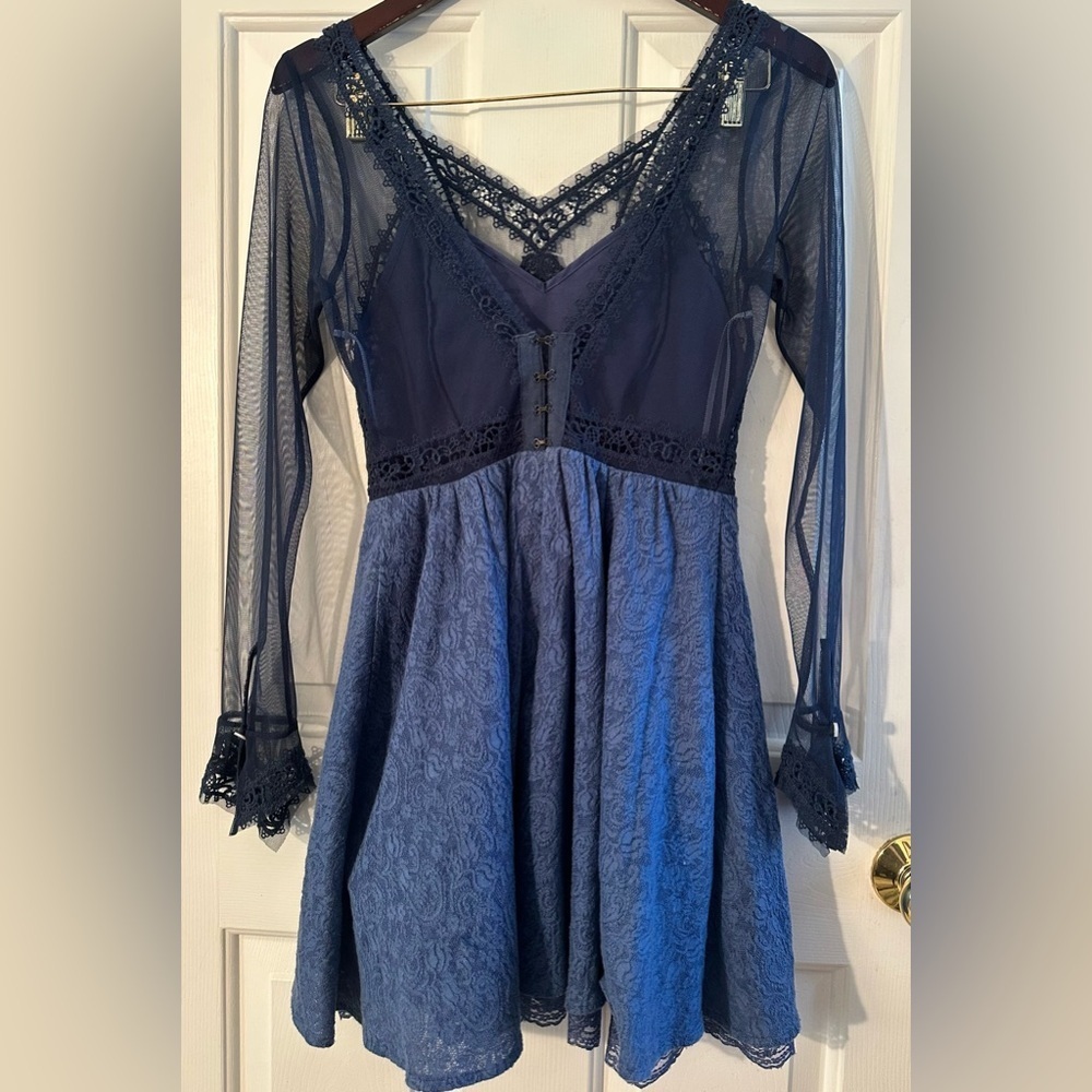 FREE PEOPLE Fairy Feminine Rave Whimsigoth Sz 2 Blue Mesh Lace Sheer Mini Dress - Picture 13 of 16